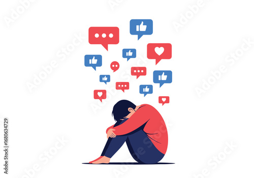 Social media pressure overwhelms a person with feelings of isolation and anxiety amidst constant notifications