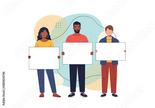 Diverse group of people holding empty white signs against abstract background promoting community engagement and social causes
