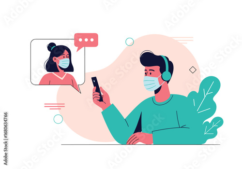 Illustration of two people wearing masks communicating through their mobile phones remotely