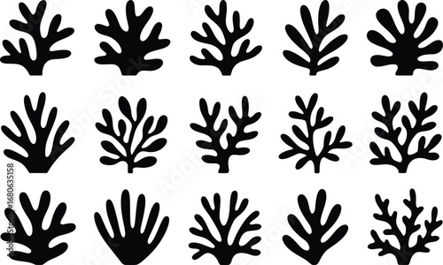 A diverse collection of black coral and seaweed silhouettes, showcasing various stylized marine plant and polyp shapes, isolated for creative graphic design work.