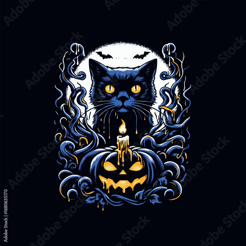 Dark cat, scary pumpkin, dangerous vibe, Halloween T-shirt Design, Generative AI