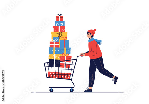 Excited shopper pushing a full shopping cart loaded high with wrapped presents