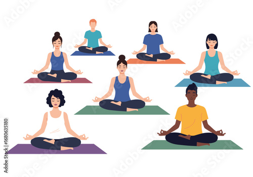 Diverse group of people practicing yoga meditation on mats relaxing in serene harmony