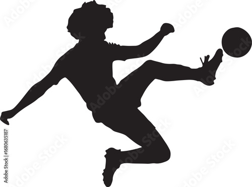 Silhouette of soccer player kicking ball in mid-air during a match football sport