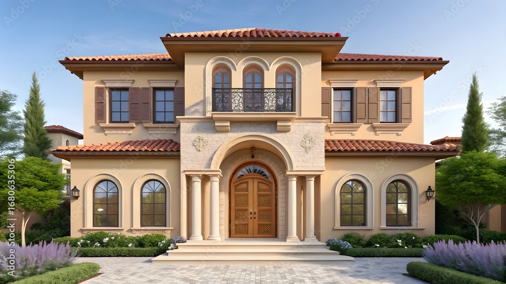 Obraz premium Elegant mediterranean style luxury mansion with arched windows and red tile roof