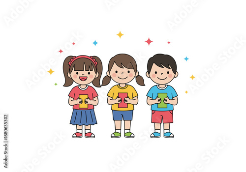 Three cheerful young children holding the letter e celebrating childhood and education together