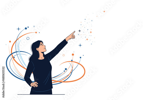 Woman pointing upwards towards a shower of sparkling particles and swirling lines representing innovation growth opportunity and success
