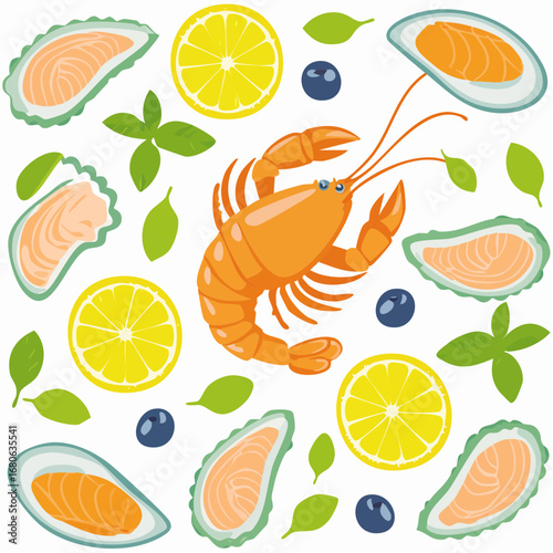 Vector pattern of seafood shrimps, oysters, lobster, lemons, and olives.