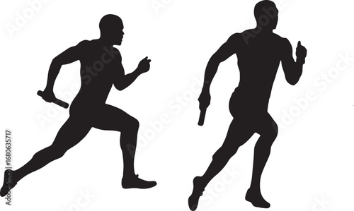 Silhouette of two male athletes running with a baton in a relay race sport track and field