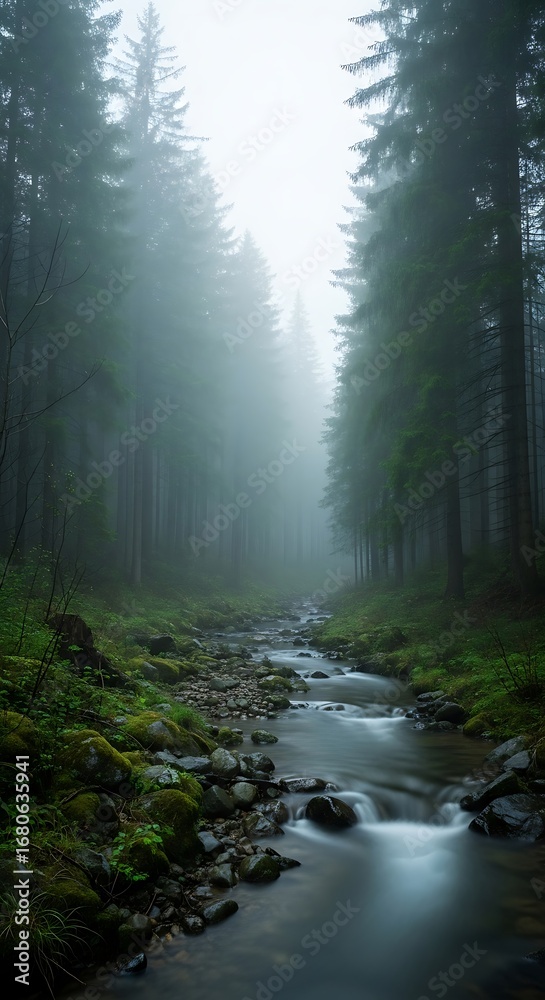 Fototapeta premium Misty Forest Creek Path Through Dense Trees.
