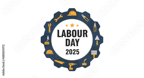 Vector art of labour day 2025 gear with tools and hard hat