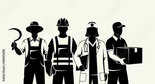 Vector art of silhouettes of diverse workers representing different professions