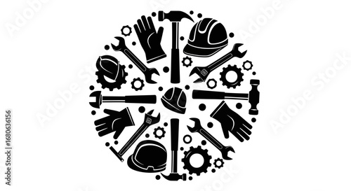 Vector art of circular arrangement of tools and work equipment