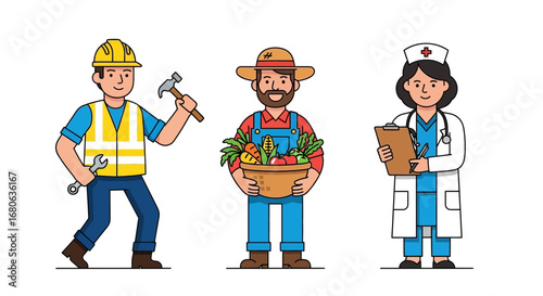 Vector art of diverse professionals construction worker, farmer, and nurse