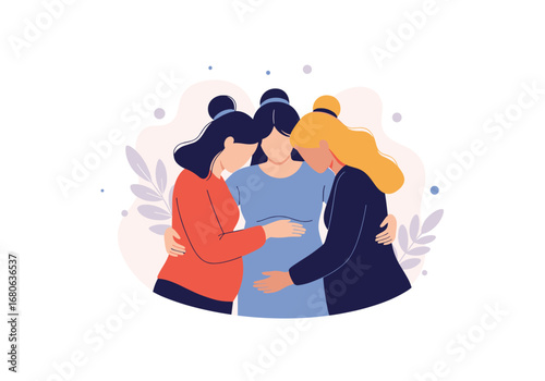 Three women embracing in a circle showing support for pregnancy and new life