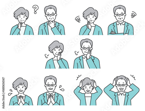 困った表情のシニア男女の上半身イラスト