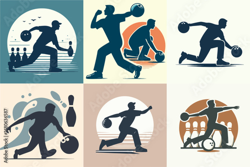 vector illustration of a set of bowling player silhouettes