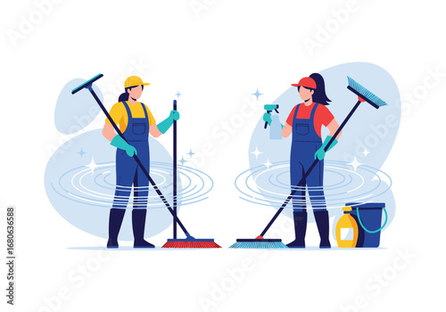 Two professional cleaners holding mops and squeegees ready for home and office hygiene services