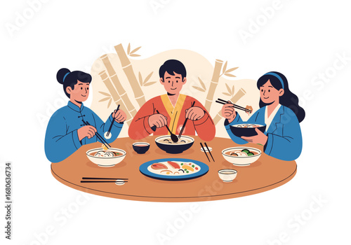 Family enjoying delicious asian food together around a round table with bamboo decoration