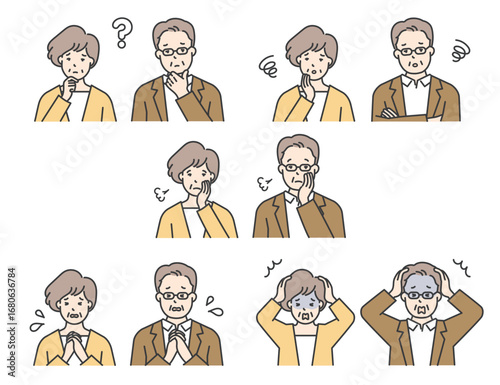 困った表情のシニア男女の上半身イラスト