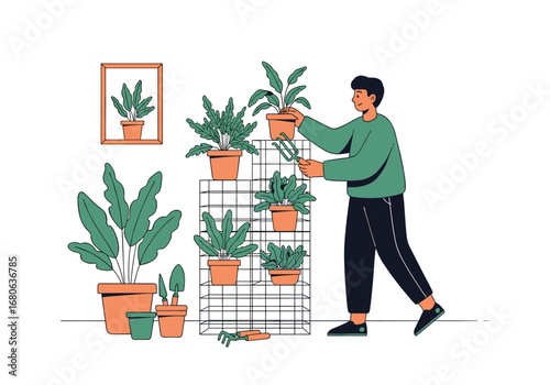 Man tending to his lush collection of indoor houseplants on a sunny afternoon