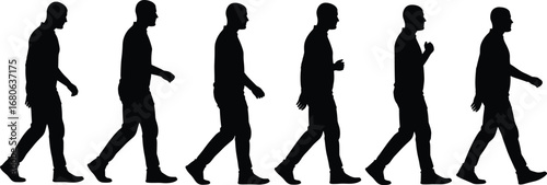 Silhouettes of man walking in various poses from different angles, isolated on white background, movement and motion concept.