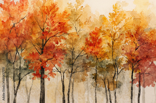 A beautiful watercolor painting of an autumn forest with colorful leaves.