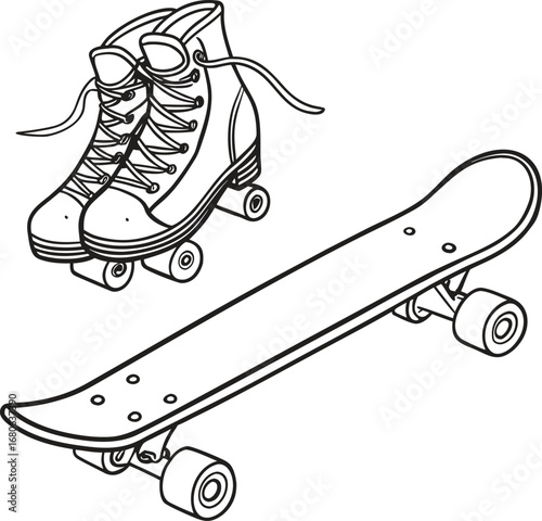 Dynamic banner design featuring a skateboard and rollerblades presented side by side on a clean white background