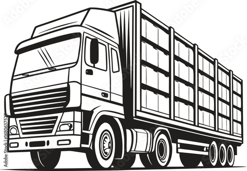 Detailed illustration of a semi truck with a cargo trailer on a clean white background for commercial use