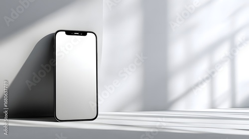 Modern, minimalist mobile phone mockup set against a simple white backdrop with soft, diffused light and shadows.