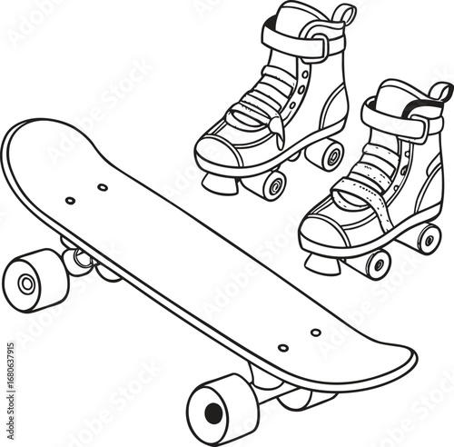 Dynamic banner advertisement featuring a skateboard and rollerblades presented side by side on a clean white background