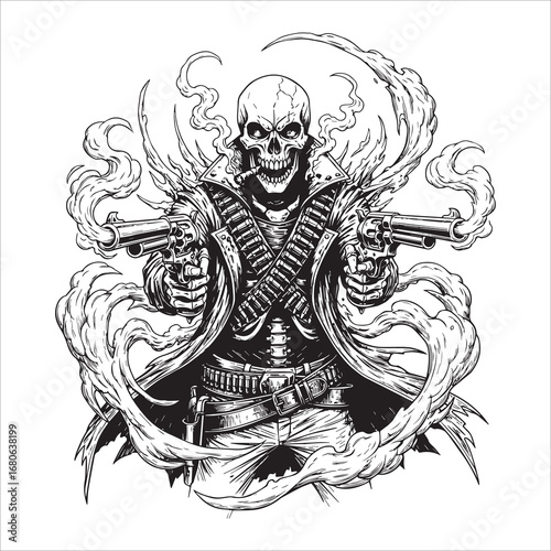 Vector art of skull with guns and bandolier surrounded by smoke