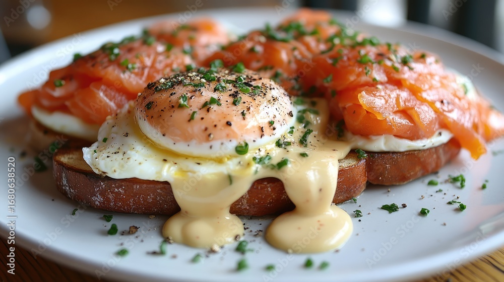 Smoked Salmon Eggs Benedict on Toast, Restaurant Breakfast Smoked Salmon Eggs Benedict on Toast, Restaurant Breakfast