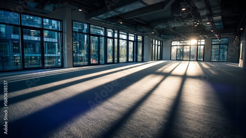 Empty modern office space bathed in sunlight casts long shadows across the carpeted floor.