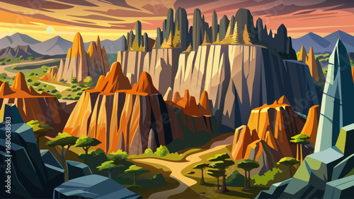singy de Bemaraha, Madagascar, unfolds limestone pinnacles, sharp cliffs, and natural cathedrals. Sunlight plays across jagged textures; semi-realistic flat vector emphasizing contrasts, shadows, and 