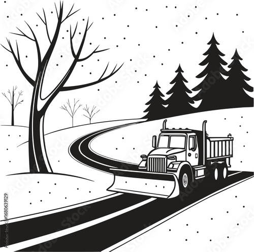 Winter scene banner featuring a snowplow clearing a snowy road on a clean white background