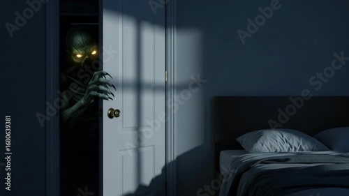 Dark bedroom scene with a scary monster lurking in closet, spooky sight. The scary monster evokes fear, anxiety and suspense, lurking in shadows.