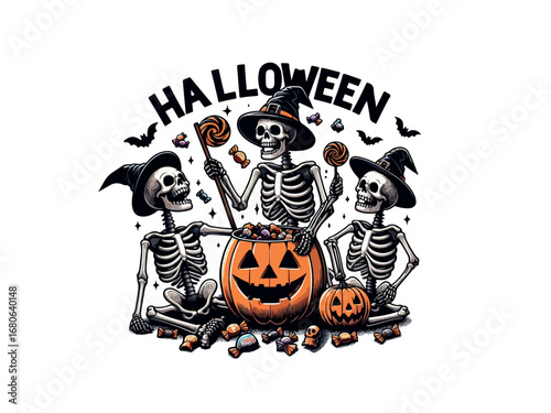 Scary pumpkin ,And 3 skeletons doing gossip ,Halloween  T-shirt Design , Generative AI