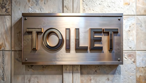 Metallic restroom sign on a stone wall