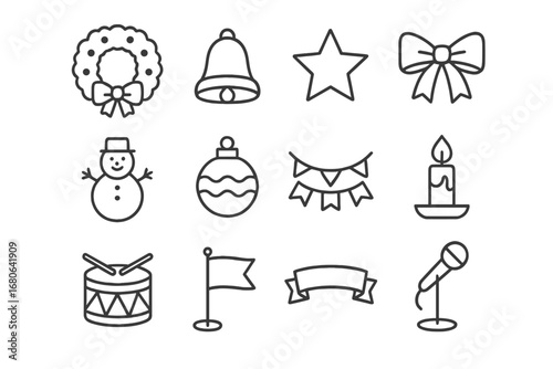 Holiday Performance Icons. Outline icon set of holiday performance props: wreath, bell, star, ribbon, snowman,