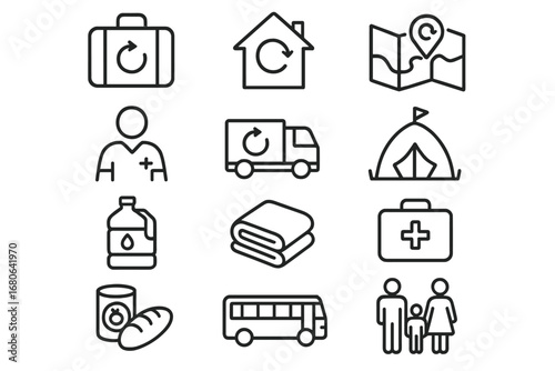 Safe Return Icons. Outline icon set of safe return after climate disaster: suitcase, home, map, aid worker,