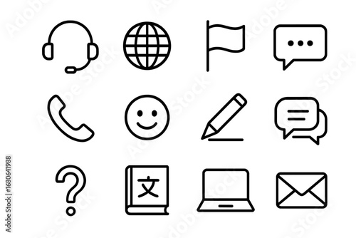 International Service Icons. Outline icon set of international customer service: headset, globe, flag, speech