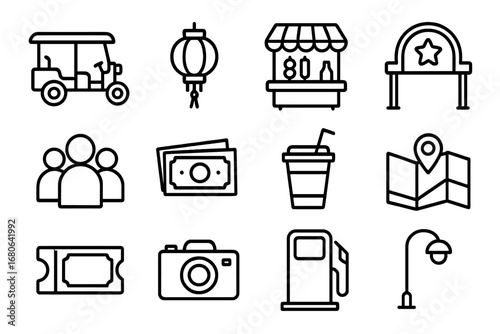 Tuk-Tuk Night Market Icons. Outline icon set of tuk-tuk in night markets: tuk-tuk, lantern, food stall, neon