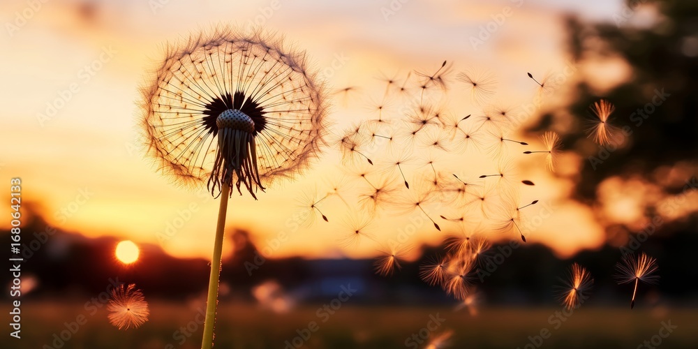 Naklejka premium Dreamy dandelion seeds take flight in the sunset. The setting sun warms the soft, delicate blooms.