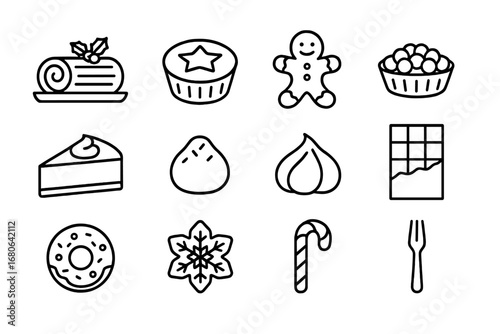 Holiday Dessert Icons. Outline icon set of holiday buffet desserts: Yule log cake, mince pie, gingerbread