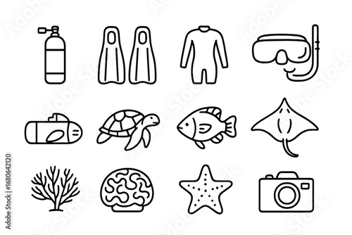 Scuba Diving Icons. Outline icon set of scuba diving adventures: scuba tank, fins, wetsuit, mask, underwater