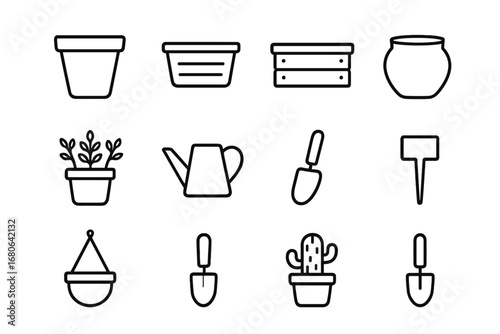 Container Gardening Icons. Outline icon set of container gardening: terracotta pot, plastic planter, wooden