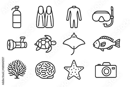 Scuba Diving Icons. Outline icon set of scuba diving adventures: scuba tank, fins, wetsuit, mask, underwater