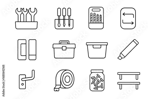 Tool Storage Icons. Outline icon set of tool storage labeling: wrench set, screwdriver box, drill bit case,