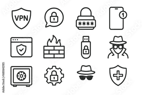 Digital Privacy Icons. Outline icon set of digital privacy protection tools: VPN shield, encrypted chat,